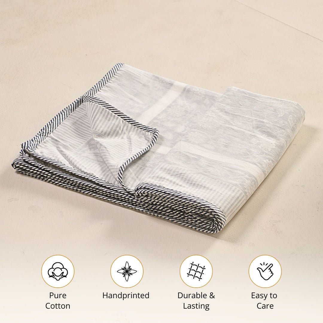 AC Dohar for Single Bed in 100% Cotton Mulmul Handprinted in Off White| Lightweight Soft and Breathable AC Blanket