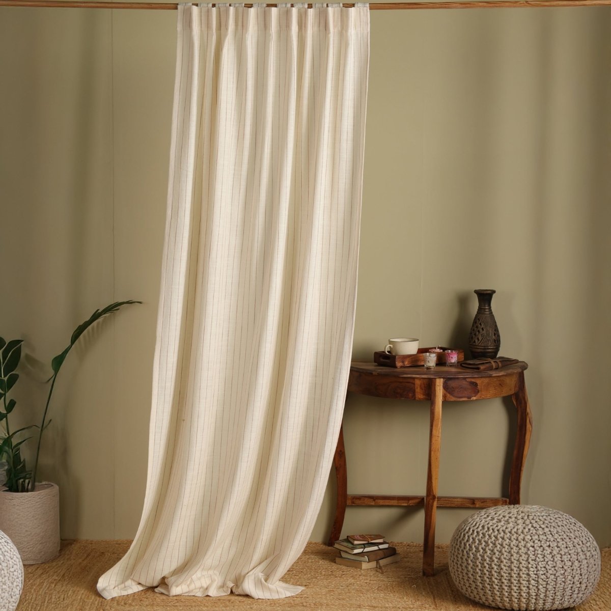 Striped Cotton Curtain Handwoven in Off White Colour | 7 feet or 9 feet option available |
