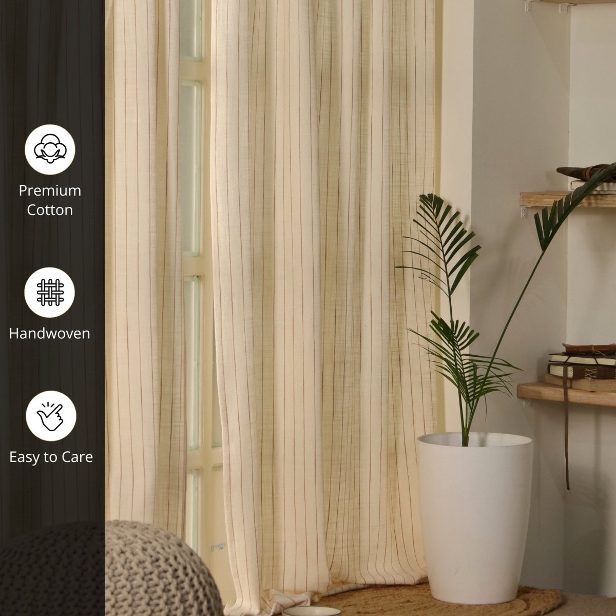 Striped Cotton Curtain Handwoven in Off White Colour | 7 feet or 9 feet option available |