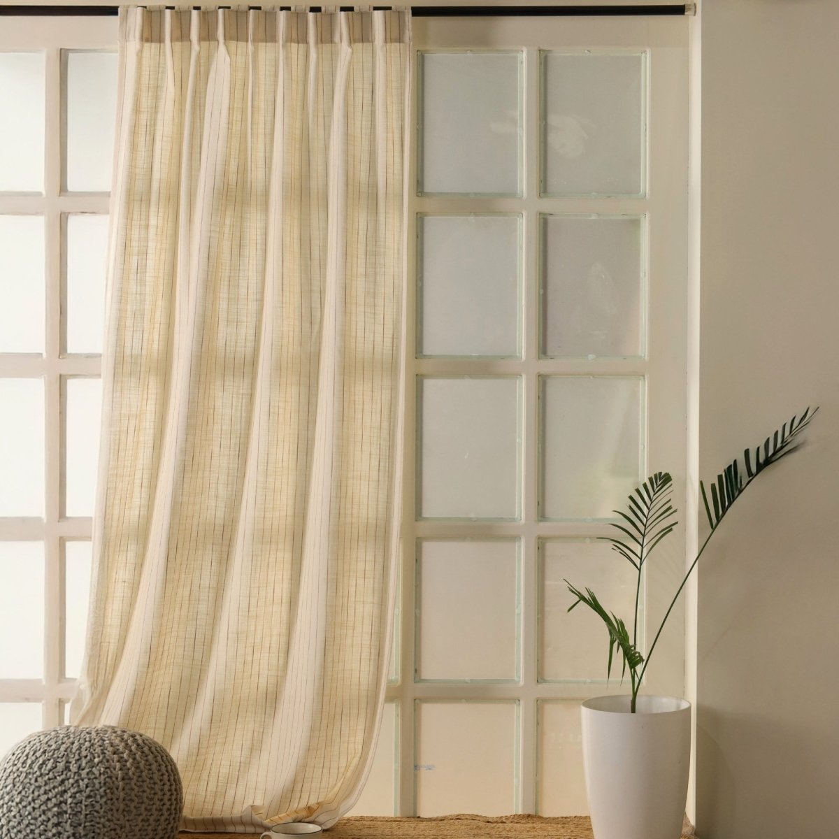Striped Cotton Curtain Handwoven in Off White Colour | 7 feet or 9 feet option available |
