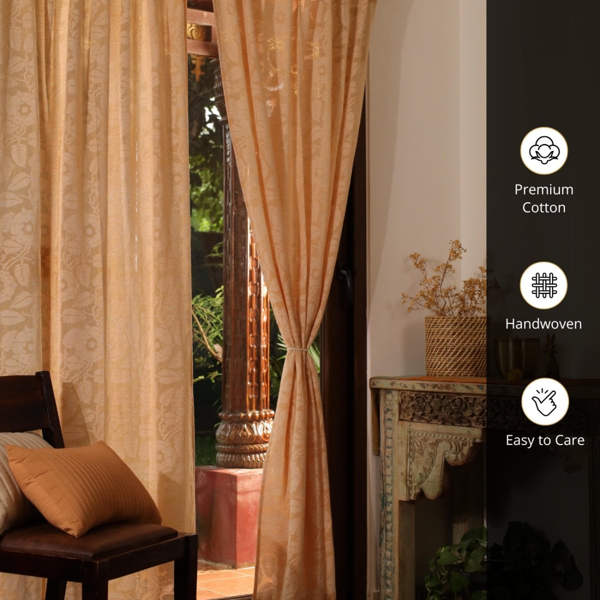 Peach Yellow Semi-Transparent Curtain for Door Length 7ft Marigold Collection