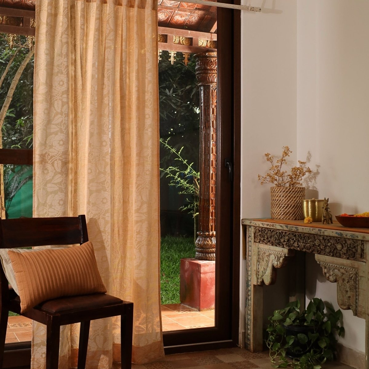 Peach Yellow Semi-Transparent Curtain for Door Length 7ft Marigold Collection