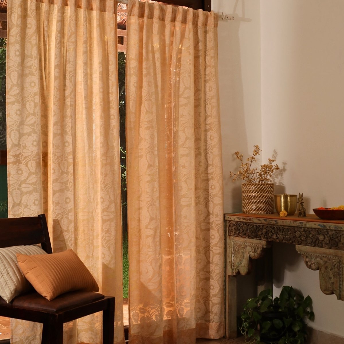 Peach Yellow Semi-Transparent Curtain for Door Length 7ft Marigold Collection