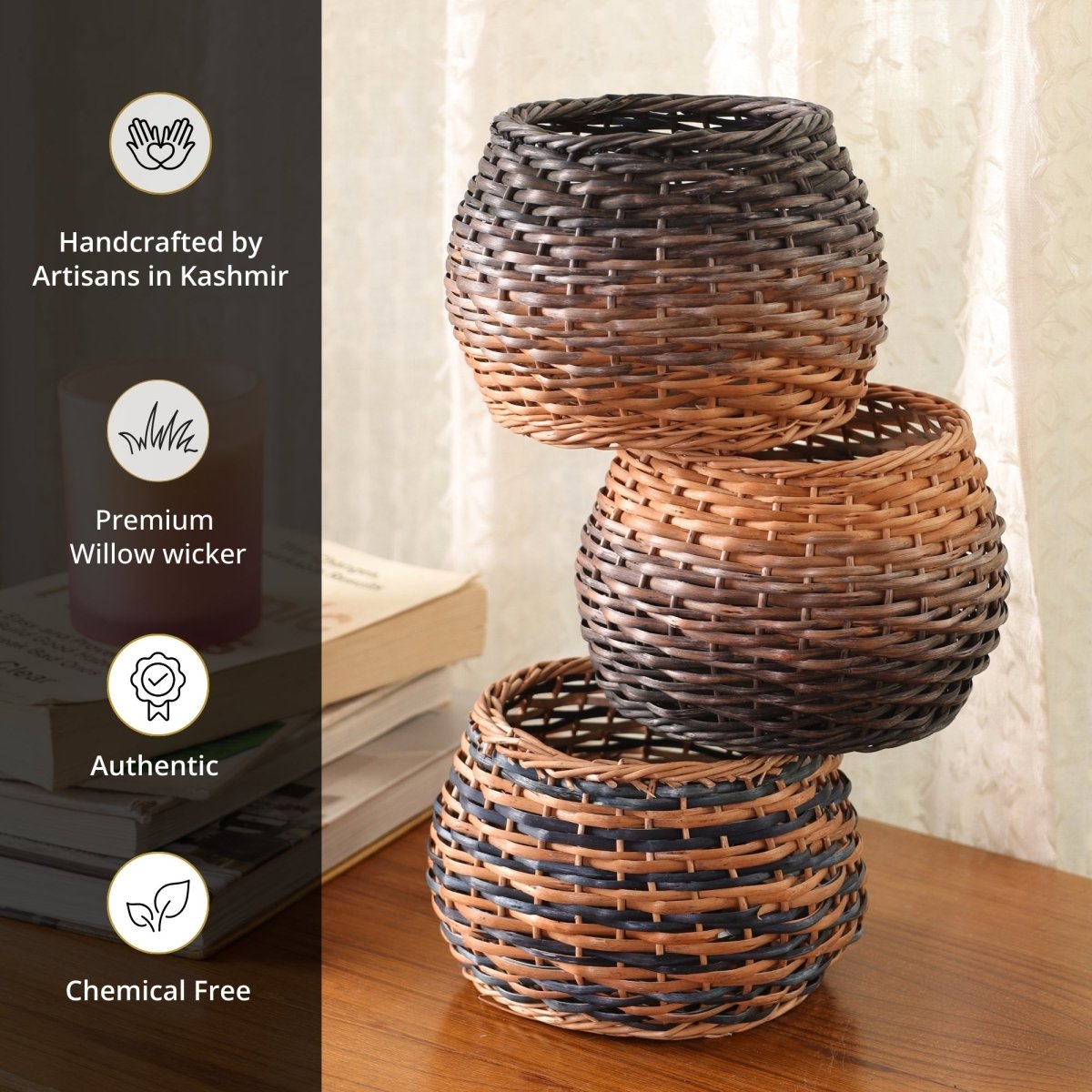Indigo and Natural Brown Wicker and Wood Planter | Eco-friendly Indoor Decor