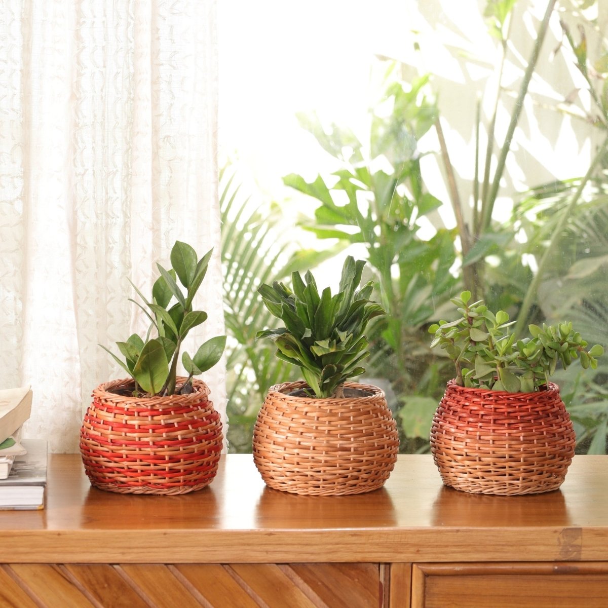 Rust and Natural Brown Wicker and Wood Planter | Eco-friendly Indoor Decor