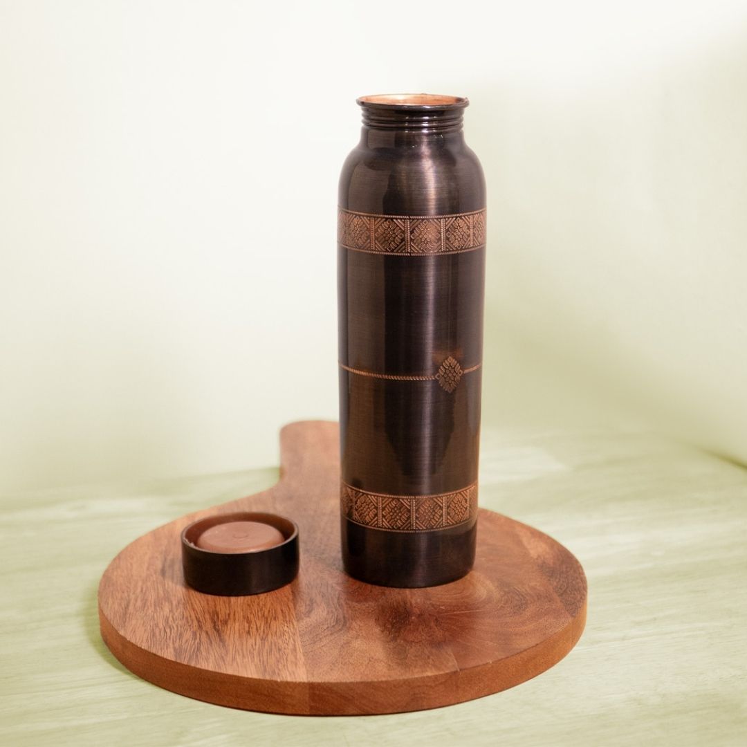 Pure Copper Water Bottle Set | 950 ml | Antique Brown Finish | Kanjeevaram Inspired Design | Premium Festive Gifting