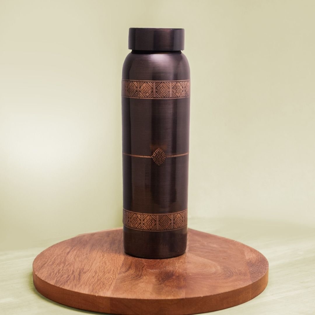 Pure Copper Water Bottle Set | 950 ml | Antique Brown Finish | Kanjeevaram Inspired Design | Premium Festive Gifting