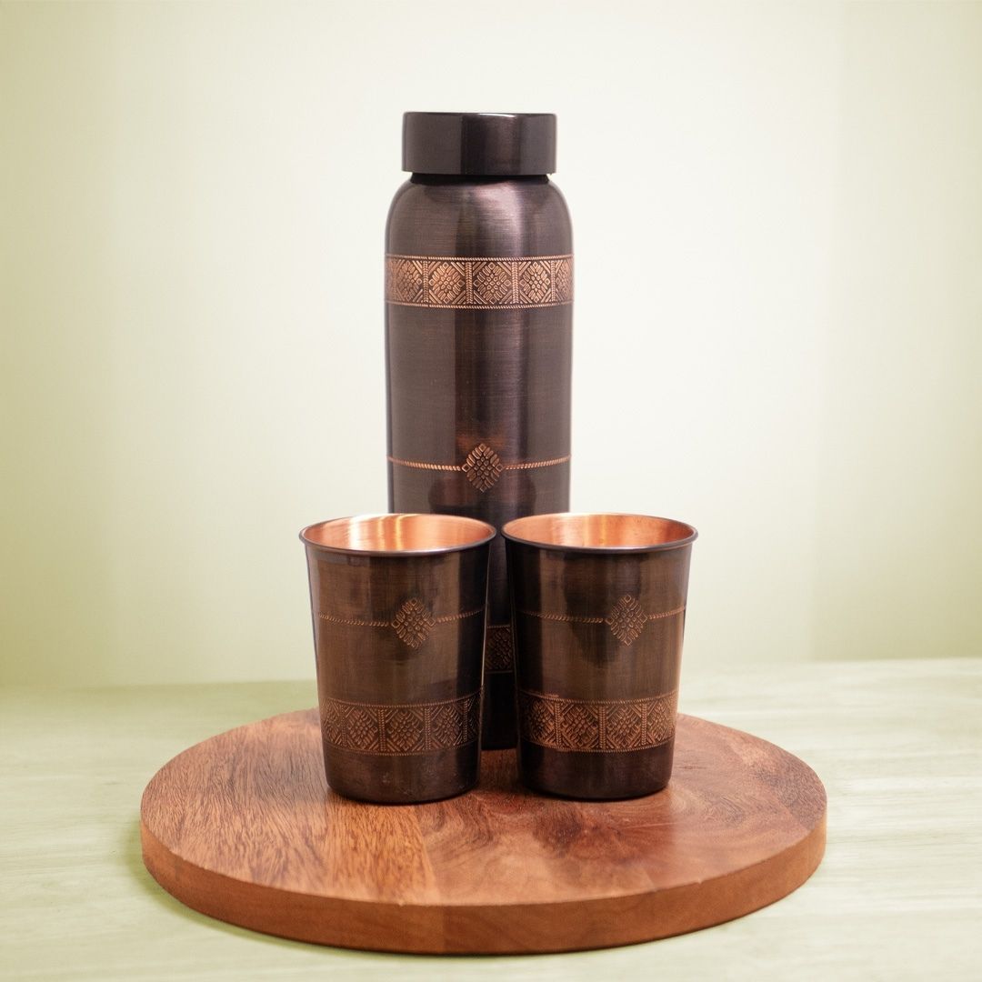 Pure Copper Water Bottle Set | 950 ml | Antique Brown Finish | Kanjeevaram Inspired Design | Premium Festive Gifting