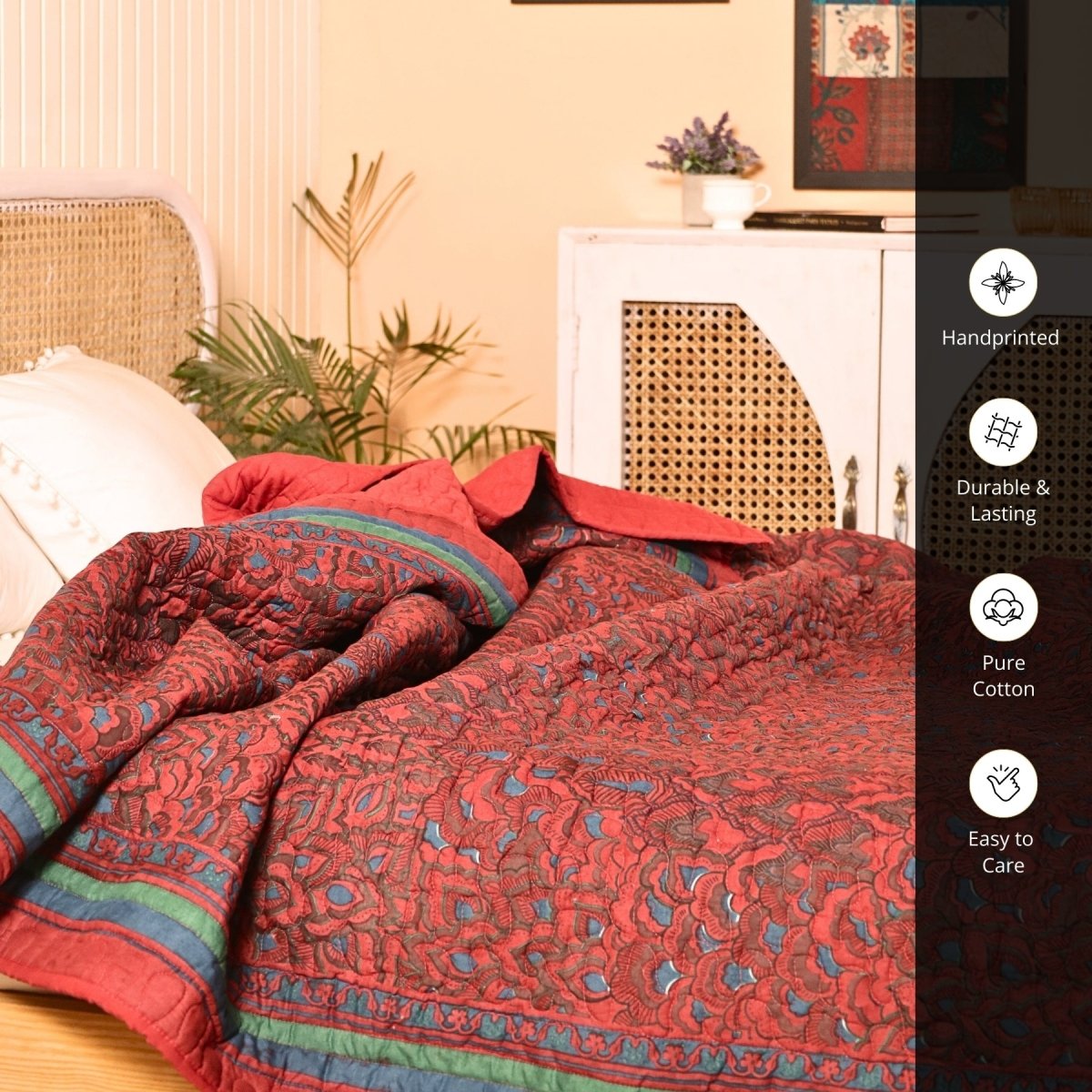 Brick red and Navy colour Pure Cotton Single Bedcover | Single bed | Handprinted