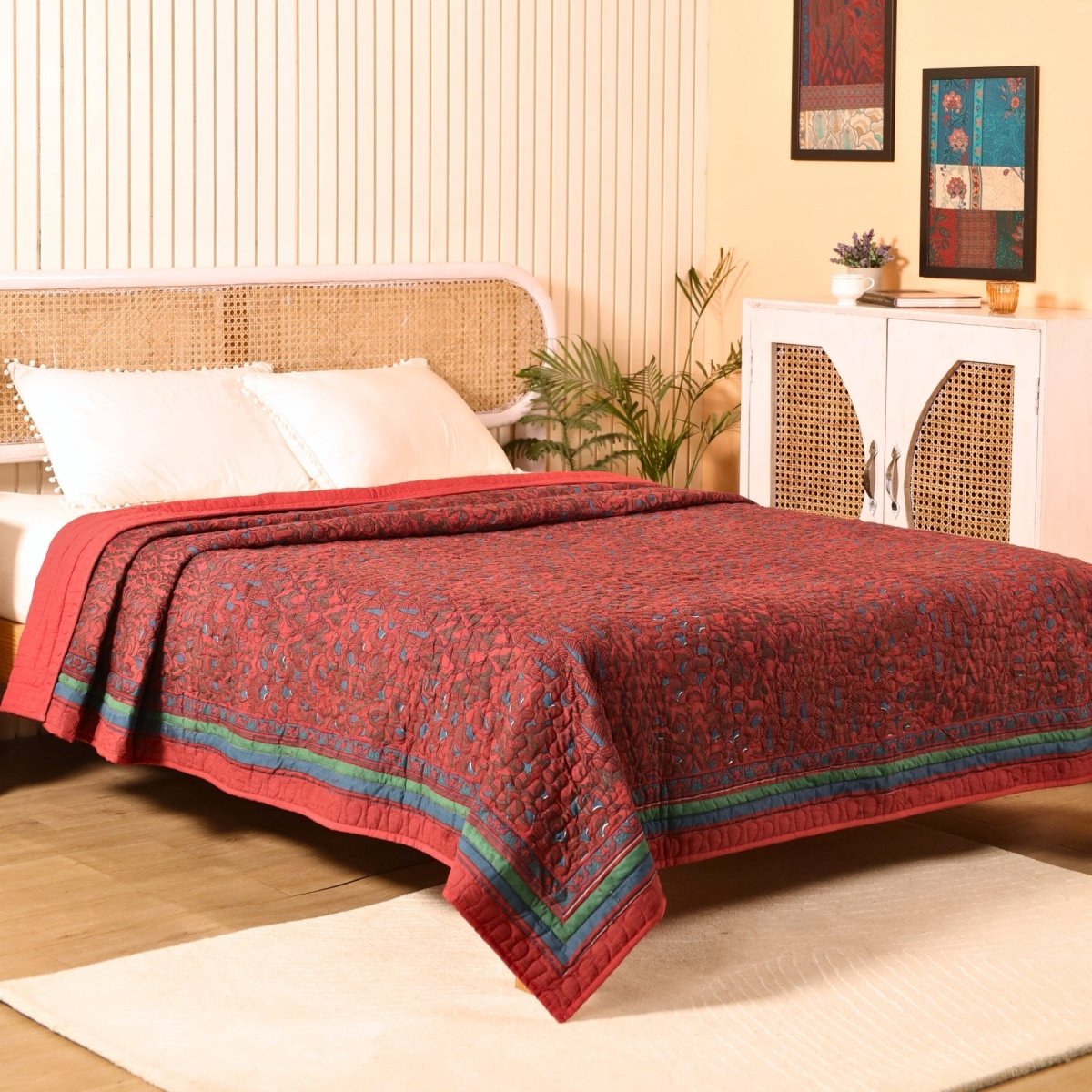 Quilted Bedcover Handprinted in Brick red and Navy colour| Can be used as AC Blanket | Pure Cotton