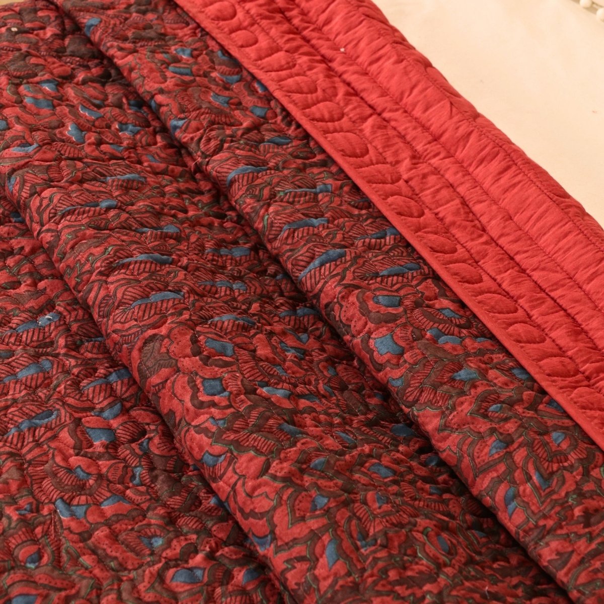 Brick red and Navy colour Pure Cotton Single Bedcover | Single bed | Handprinted