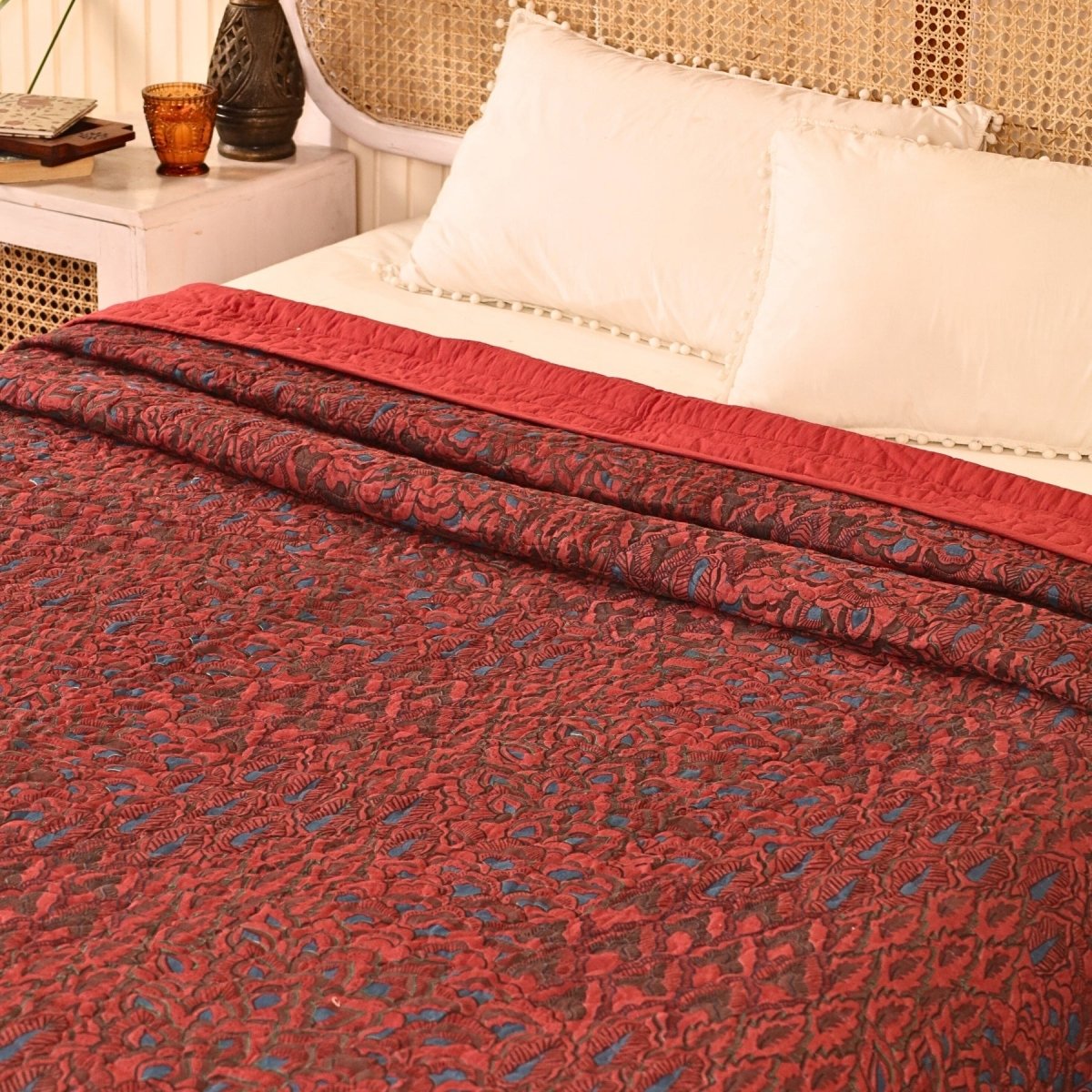 Brick red and Navy colour Pure Cotton Single Bedcover | Single bed | Handprinted