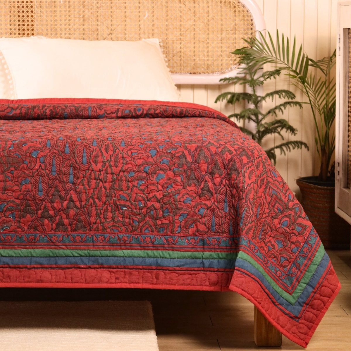 Brick red and Navy colour Pure Cotton Single Bedcover | Single bed | Handprinted