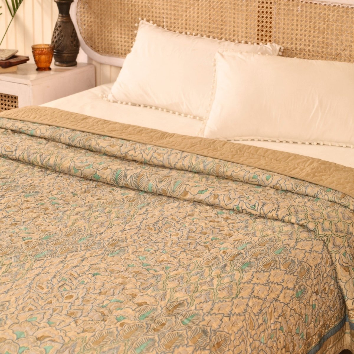 Pure Cotton Quilt Handprinted in Blue and Taupe | Single and Queen | Peepul Tree