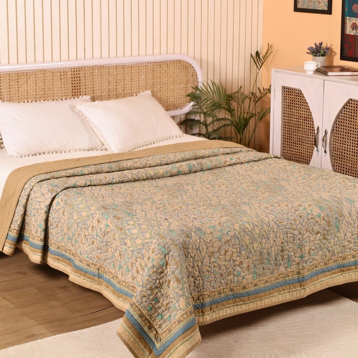 Pure Cotton AC Comforter in Ivory Taupe and Powder Blue | Lightweight Soft and Breathable AC Blanket