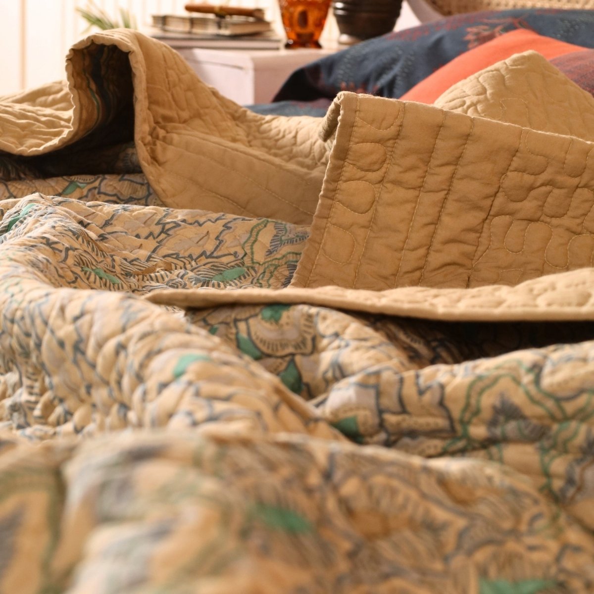 Pure Cotton Quilt Handprinted in Blue and Taupe | Single and Queen | Peepul Tree