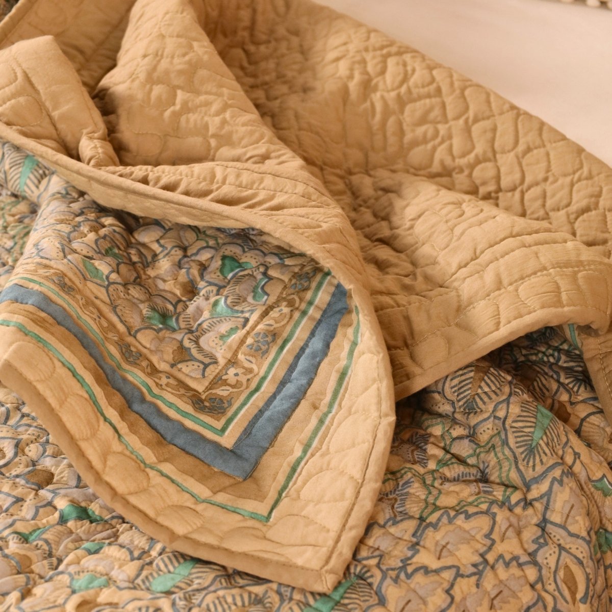 Pure Cotton Quilt Handprinted in Blue and Taupe | Single and Queen | Peepul Tree