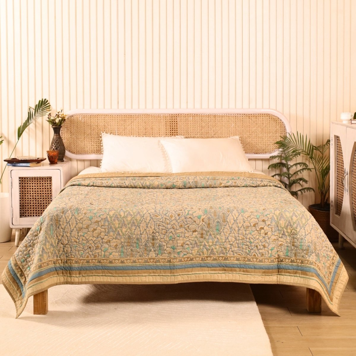 Pure Cotton AC Comforter in Ivory Taupe and Powder Blue | Lightweight Soft and Breathable AC Blanket