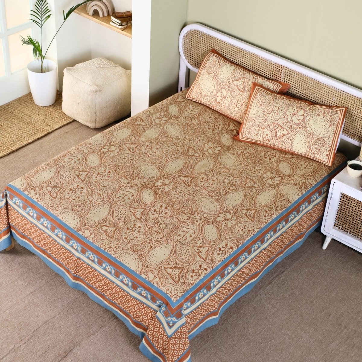 Ivory Brick Red and Navy Blue Pure Cotton Bedsheet | Queen Size | Handprinted
