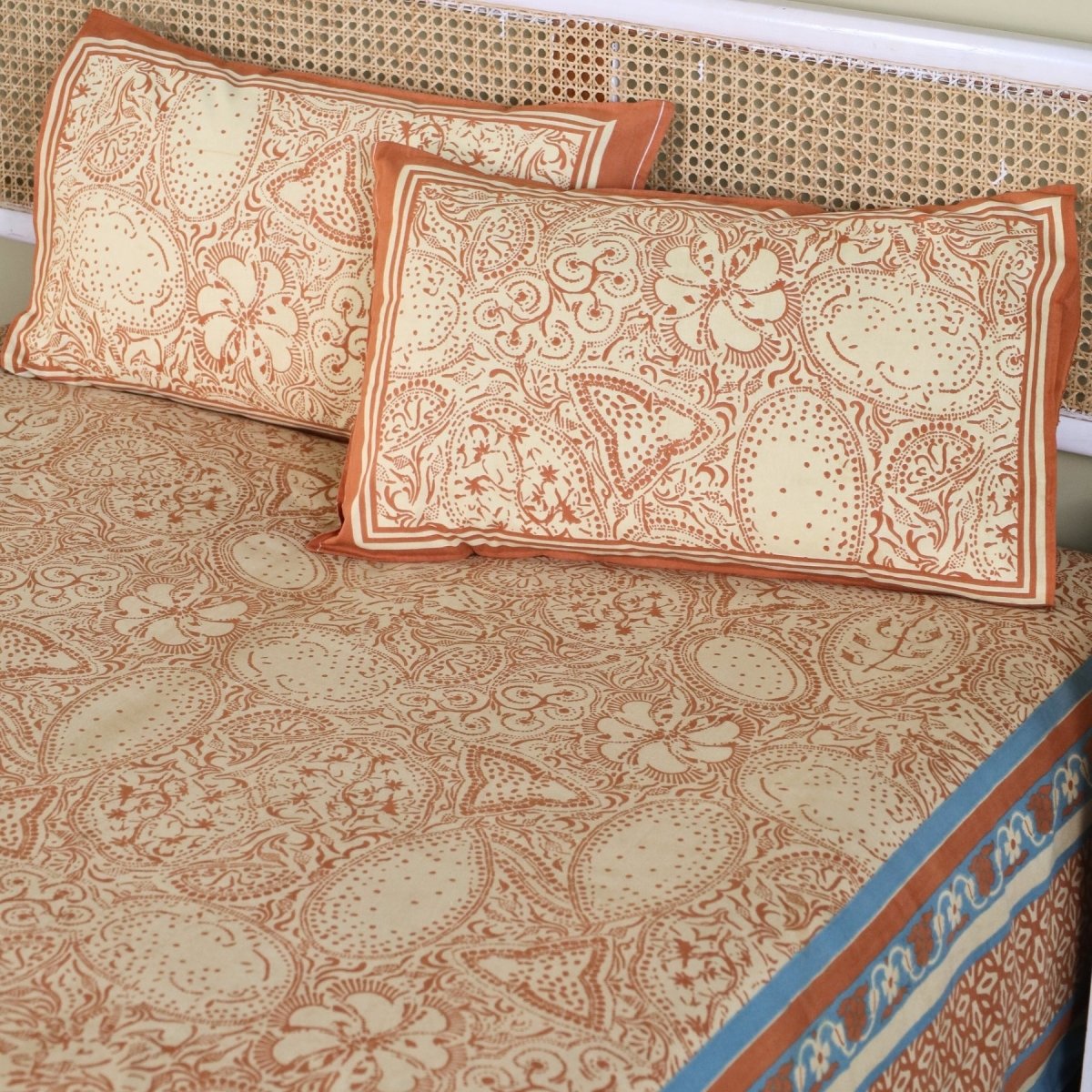 Ivory Brick Red and Navy Blue Pure Cotton Bedsheet | Queen Size | Handprinted