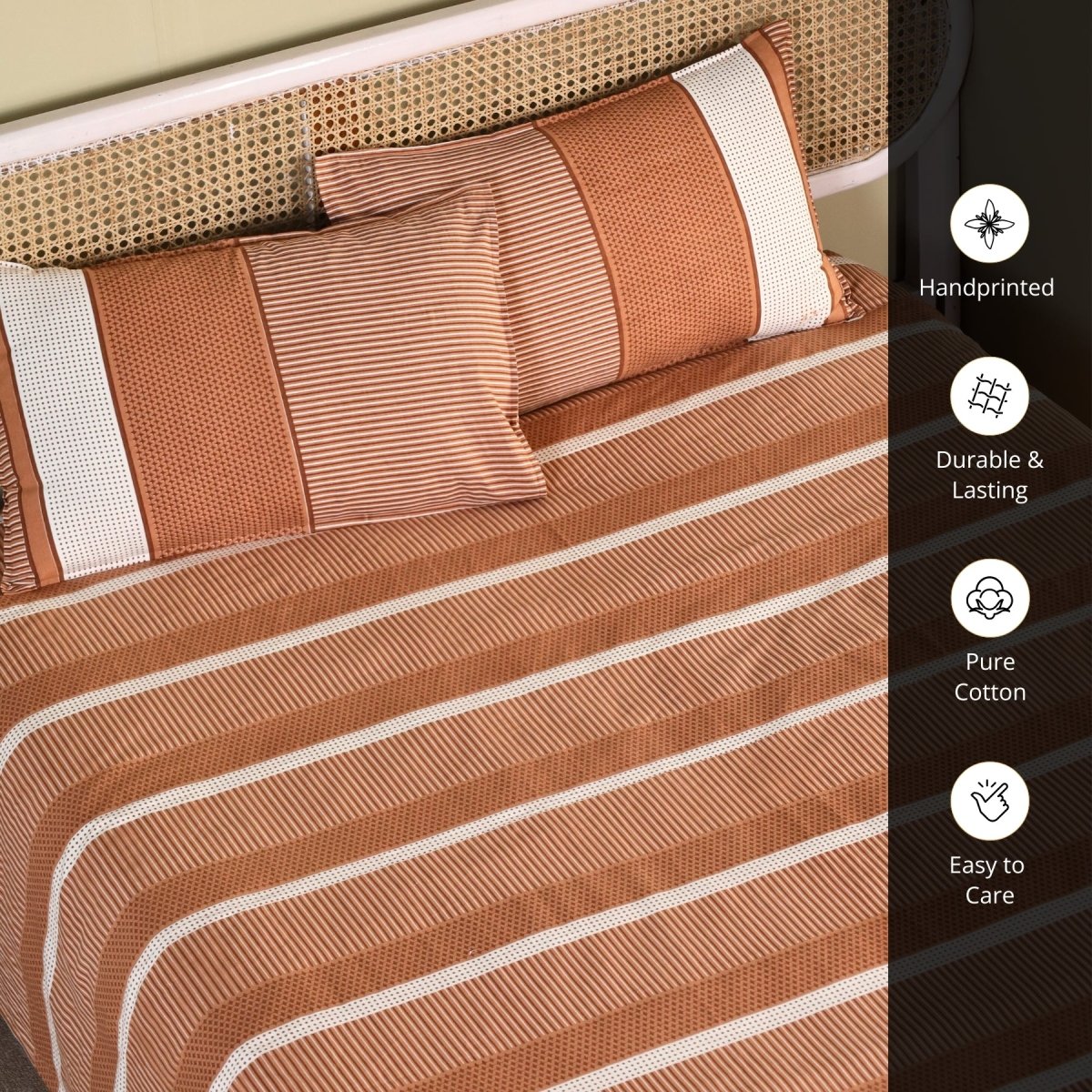Rust and Off white Pure Cotton Bedsheet | Queen and King Size | Handprinted