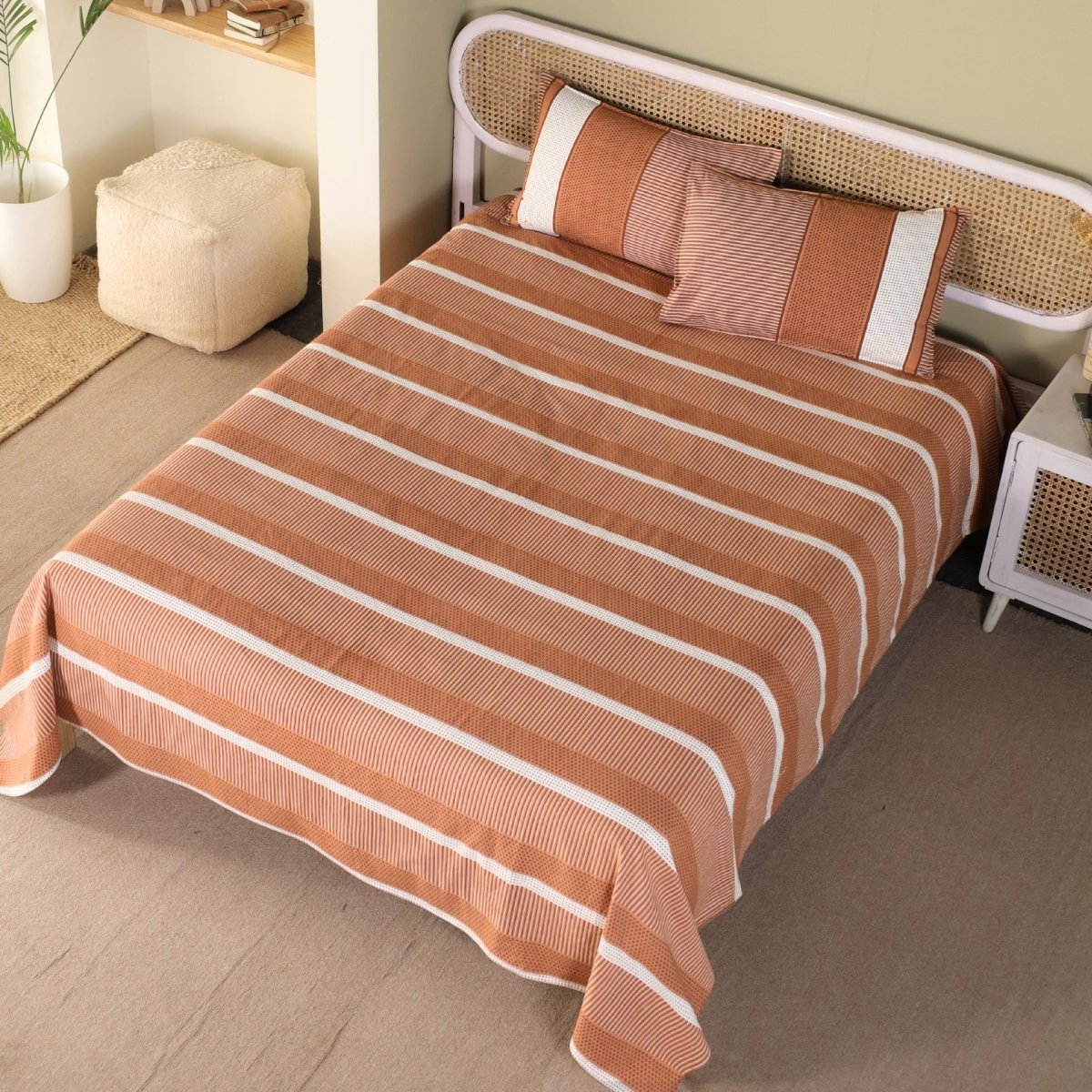 Rust and Off white Pure Cotton Bedsheet | Queen and King Size | Handprinted