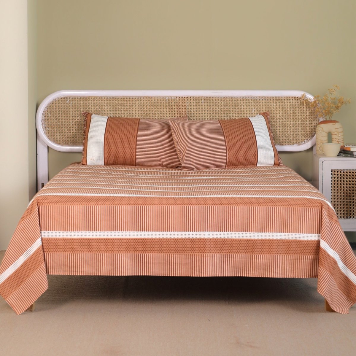 Rust and Off white Pure Cotton Bedsheet | Queen and King Size | Handprinted