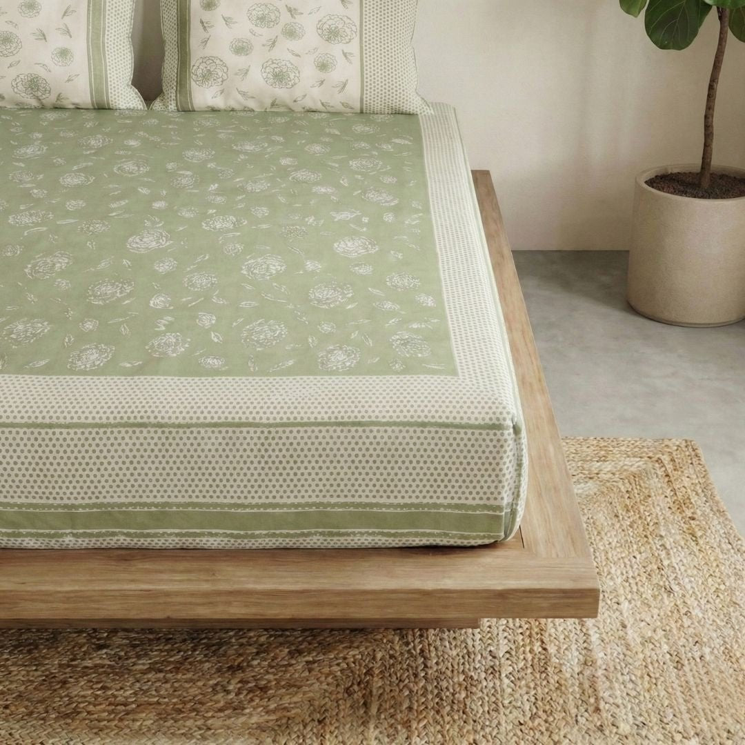 Fern Green & Off White Pure Cotton Bedsheet | Queen and King Size | Handprinted