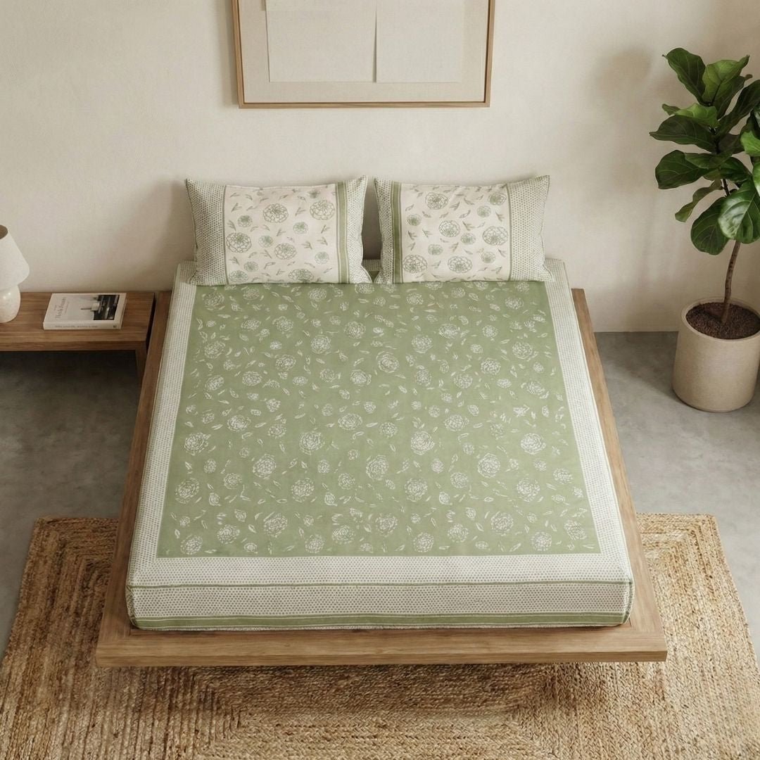 Fern Green & Off White Pure Cotton Bedsheet | Queen and King Size | Handprinted