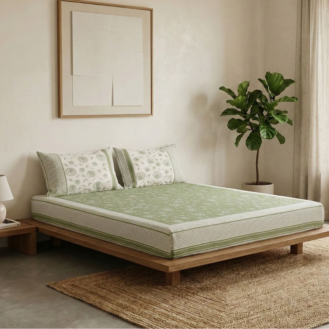 Fern Green & Off White Pure Cotton Bedsheet | Queen and King Size | Handprinted