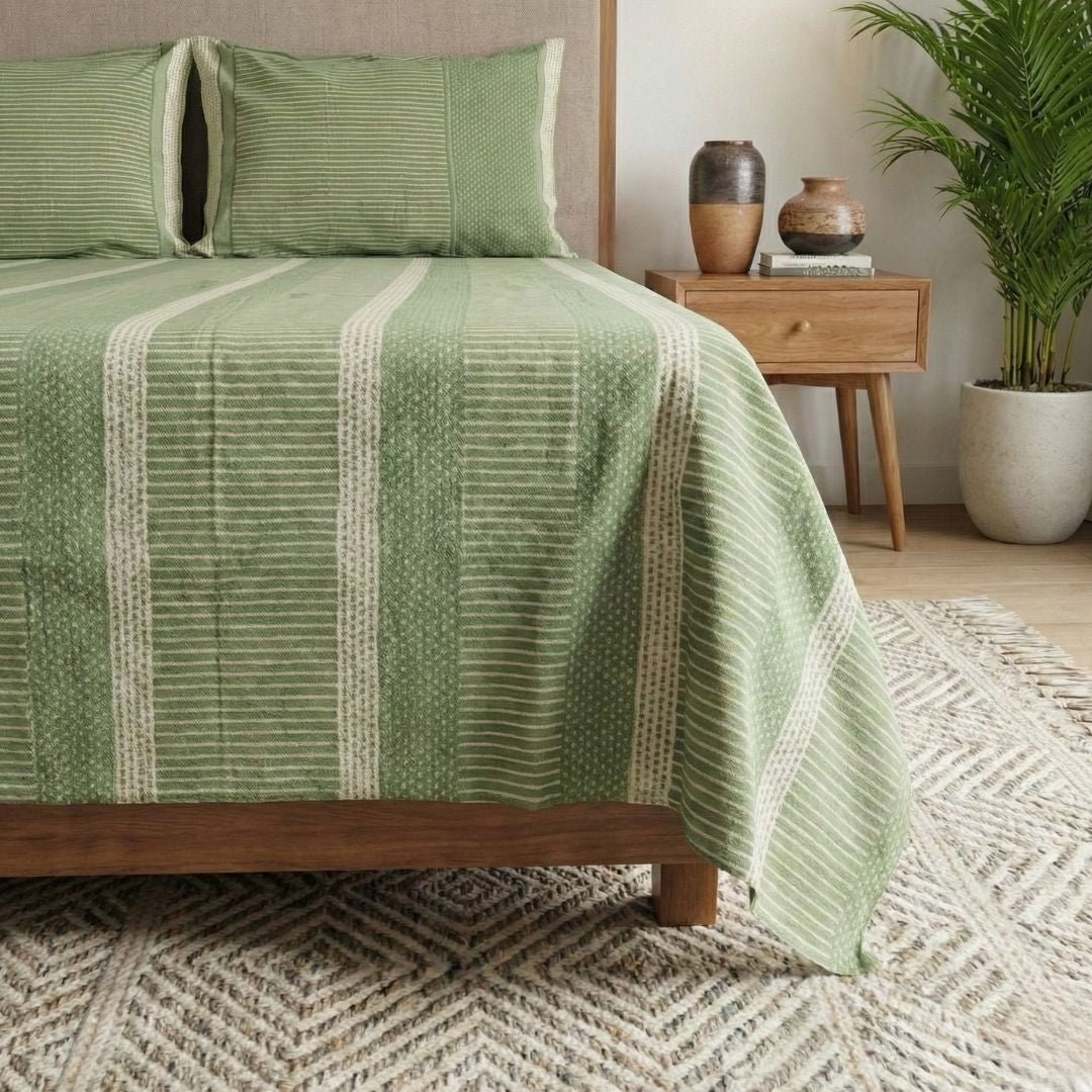 Fern Green & Off White Pure Cotton Textured Bedsheet | Queen and King Size | Handprinted