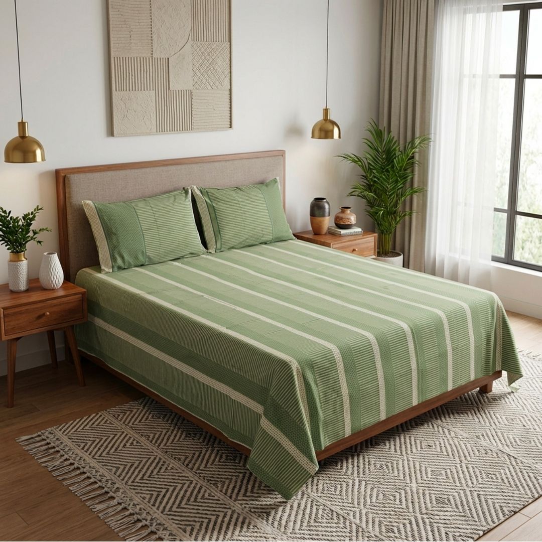 Fern Green & Off White Pure Cotton Textured Bedsheet | Queen and King Size | Handprinted