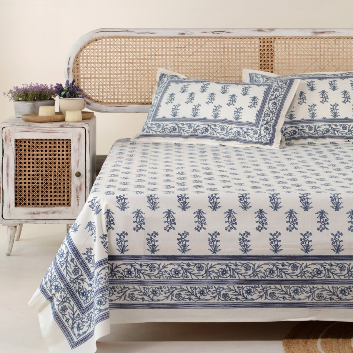 Pure Cotton Bedsheets and Towel Gifting Set| White and Blue Floral Pattern
