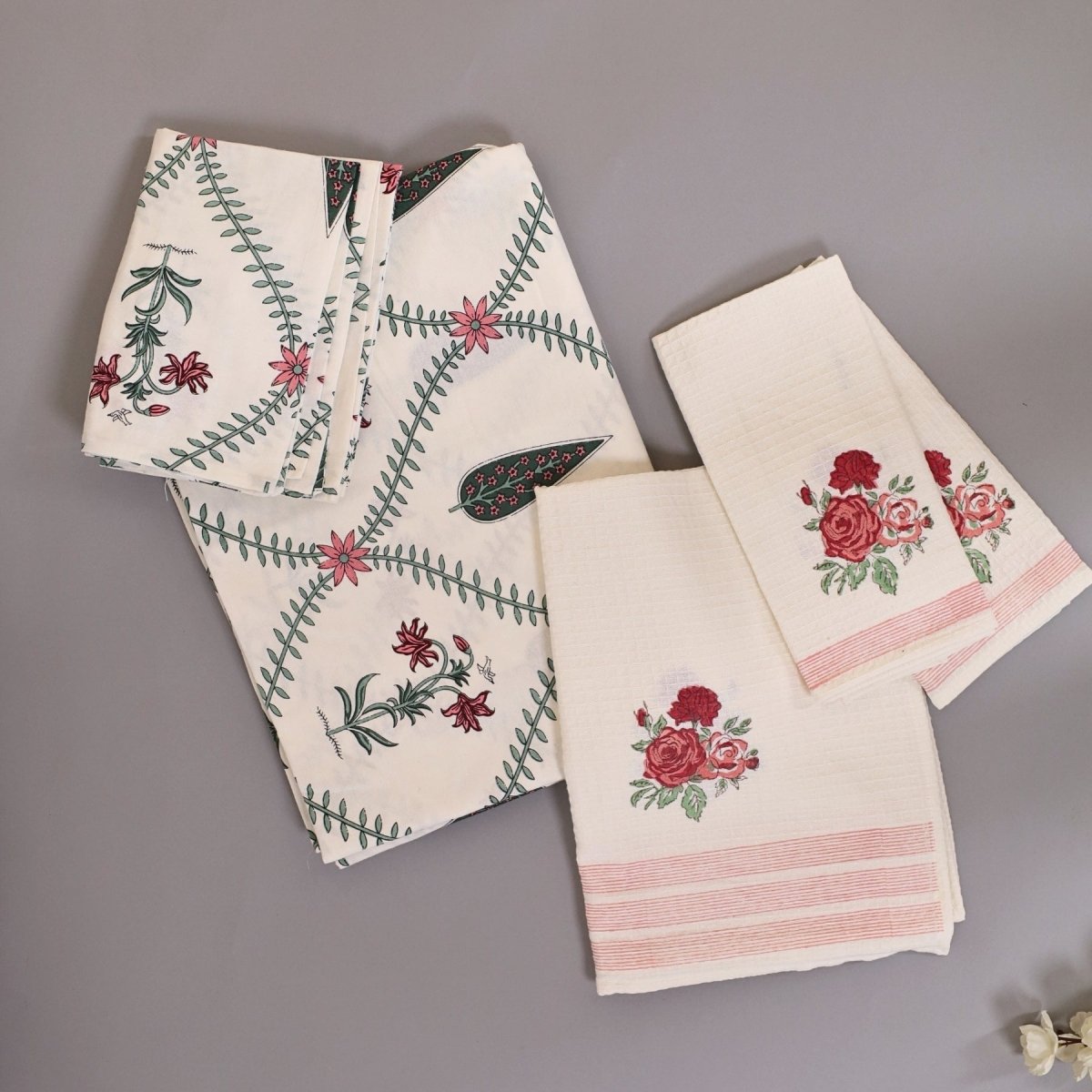 White & Pink Floral Pure Cotton Bedsheets & Towel Gifting Set | Handmade
