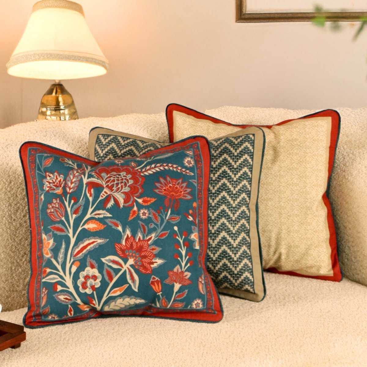 Cotton Cushion Cover Combo Set of 3 in Ivory Maroon and Navy Blue Colours | 16 x 16 inches