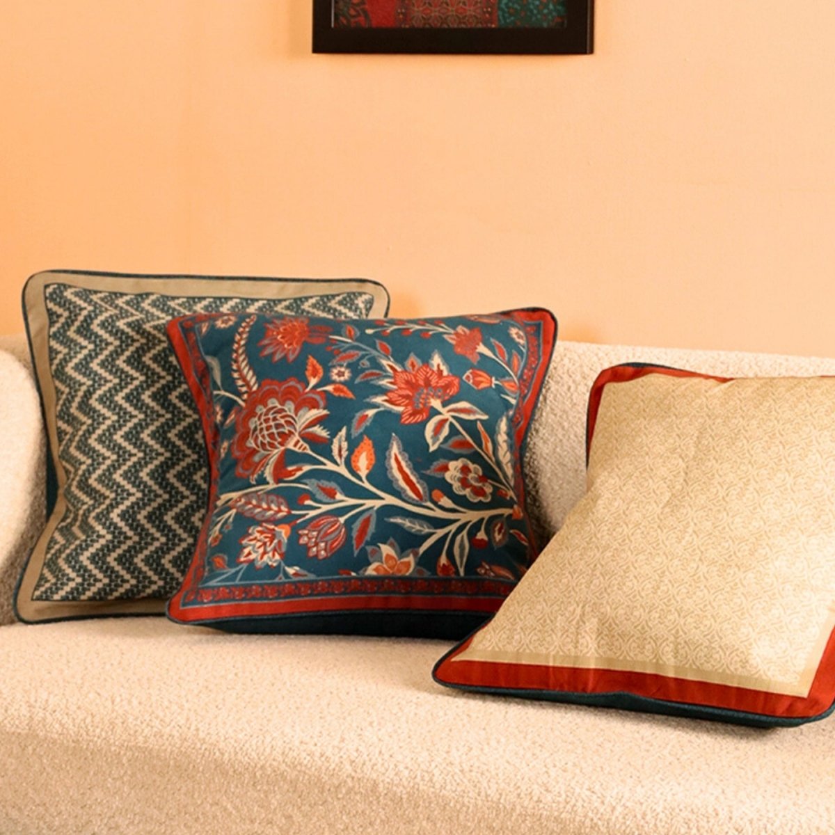Cotton Cushion Cover Combo Set of 3 in Ivory Maroon and Navy Blue Colours | 16 x 16 inches