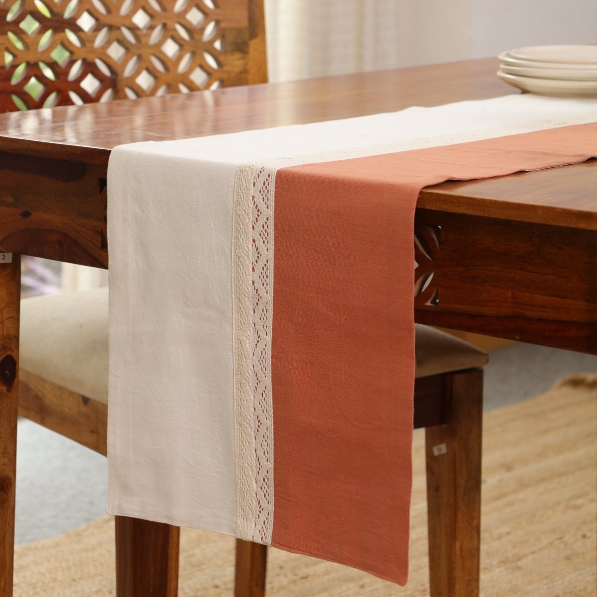 Table Runner in Pure Cotton and Crochet | Rust and Off White | 14 x 60 inches - Rust and Off White / 14 x 60 inches / Pure Cotton