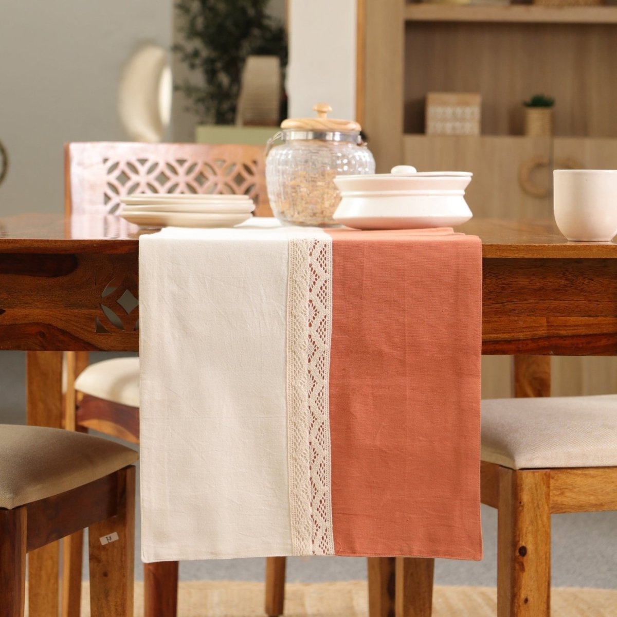 Table Runner in Pure Cotton and Crochet | Rust and Off White | 14 x 60 inches - Rust and Off White / 14 x 60 inches / Pure Cotton