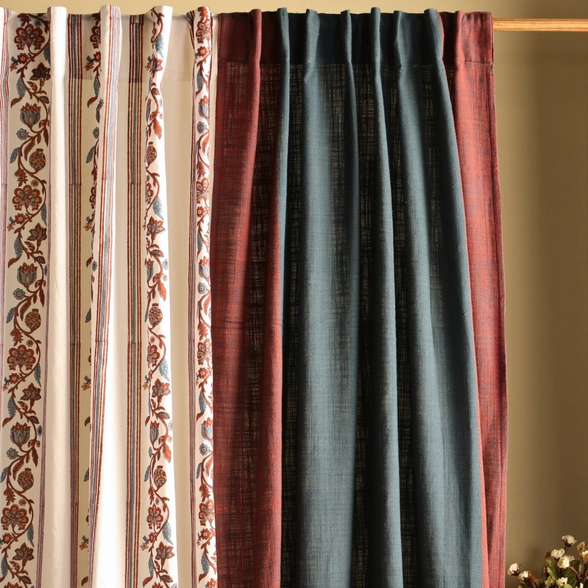 Pure Cotton Sheer and solid Curtains set in  Off White and Navy Colours, available in 7ft in set of 3