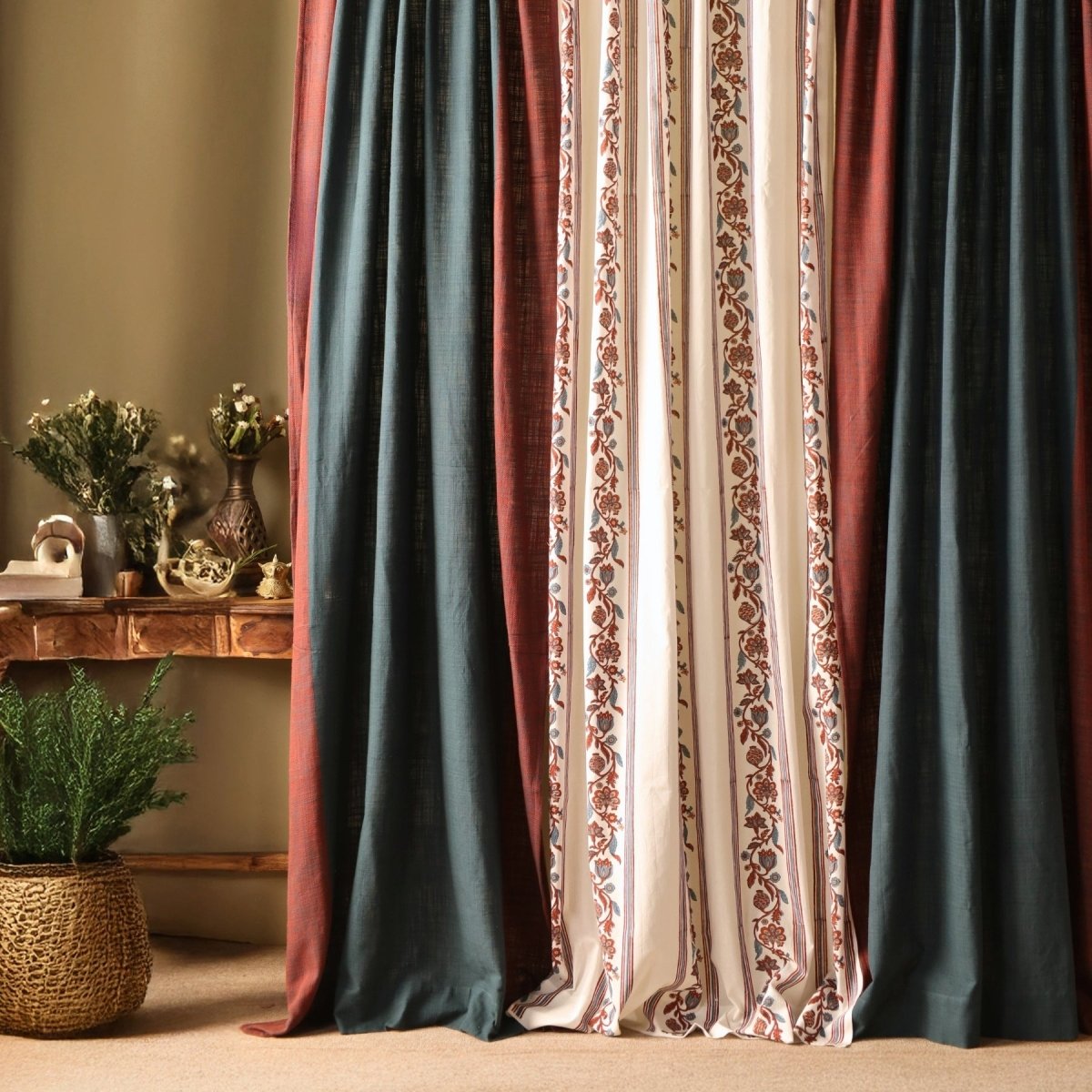 Pure Cotton Sheer and solid Curtains set in  Off White and Navy Colours, available in 7ft in set of 3