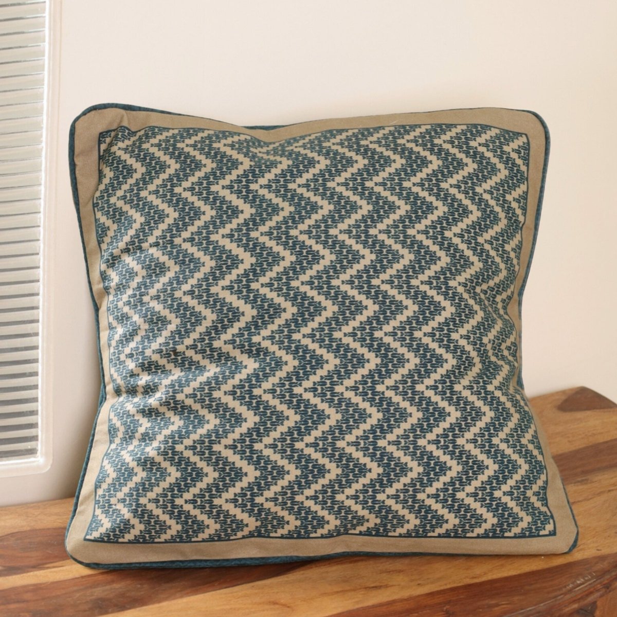 Pure Cotton Cushion Cover in Chevron print in Ivory and Navy Blue| 16x16 inch for living room sofa or bed room | Single or Combo Pack Available