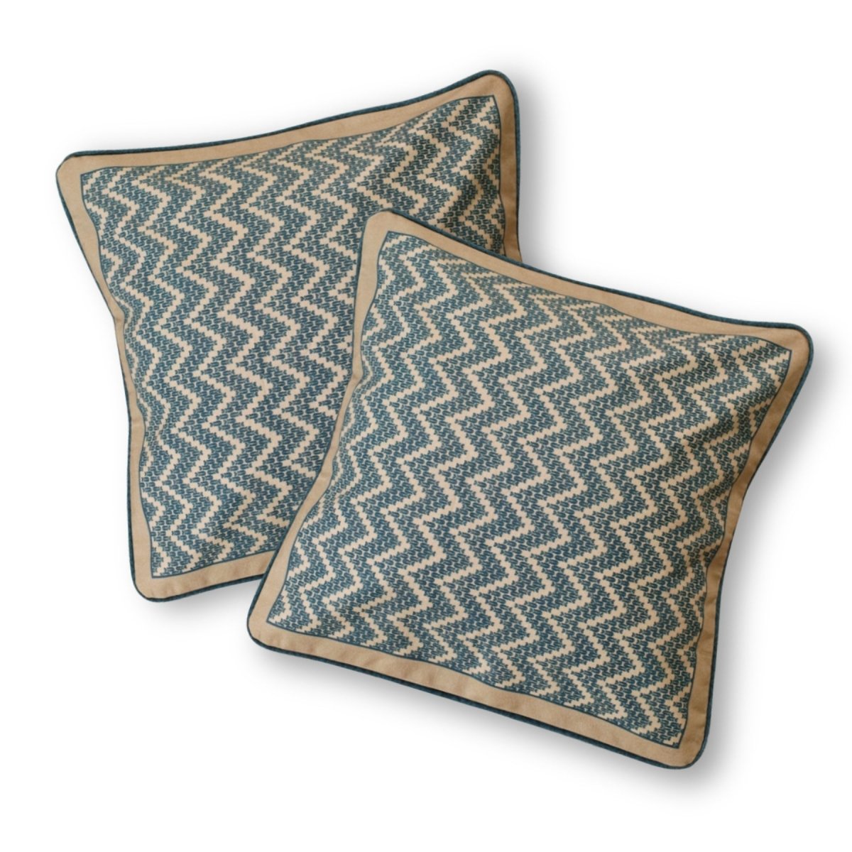 Cotton Cushion Cover in Chevron print in Ivory and Navy Blue | 16x16 in | Set of 1,2 and 4