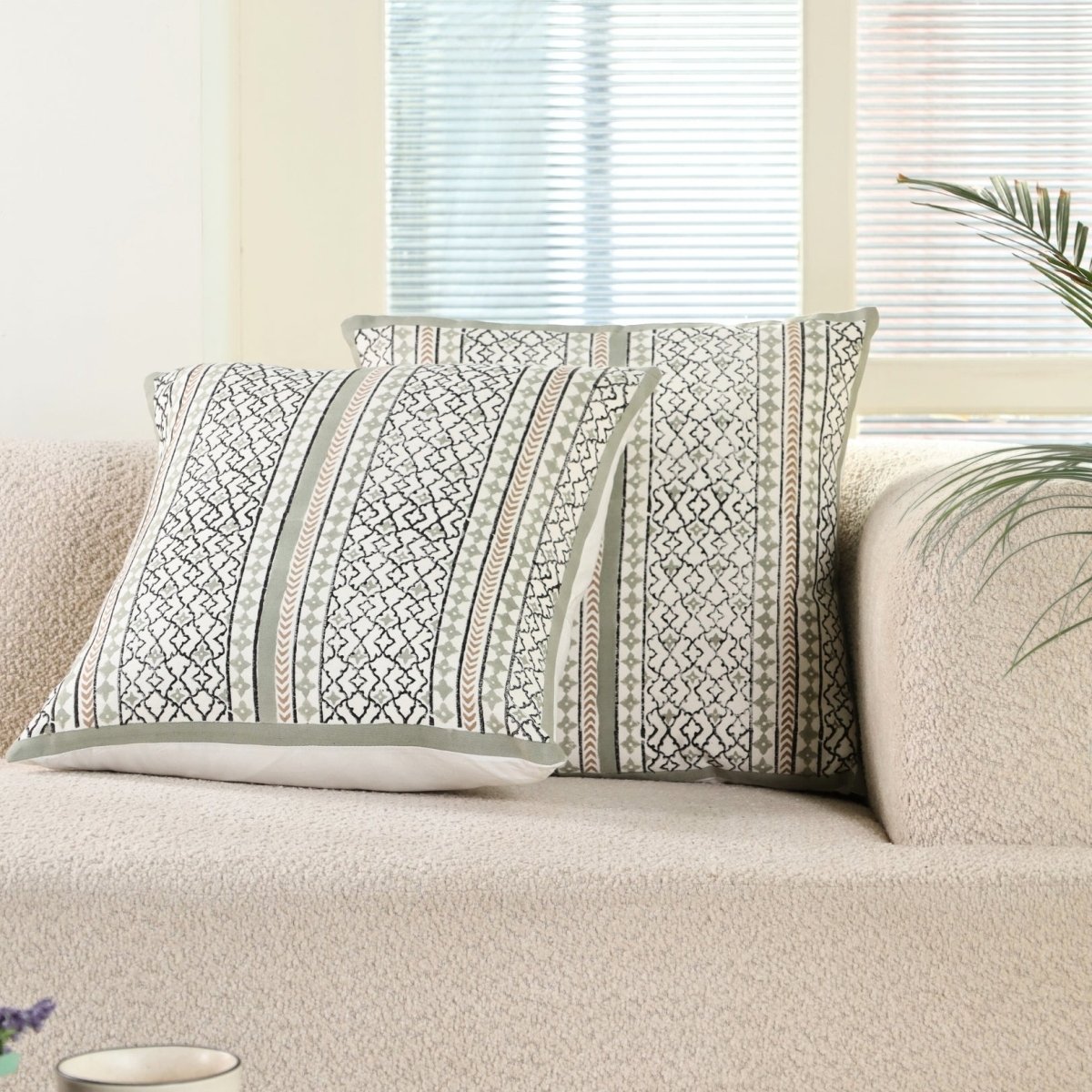 Aqua and Off White Pure Cotton Cushion Cover | 18x18 in | Set of 1,2,3,4 and 5 | Block Printed
