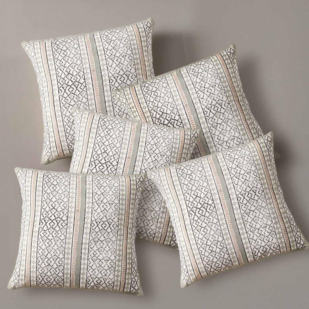Aqua and Off White Pure Cotton Cushion Cover | 18x18 in | Set of 1,2,3,4 and 5 | Block Printed