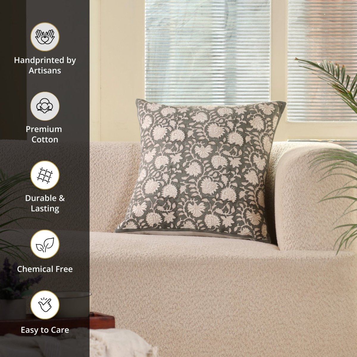 Charcoal and Off White Pure Cotton Cushion Cover | 18x18 in | Set of 1,2,3,4 and 5 | Block Printed