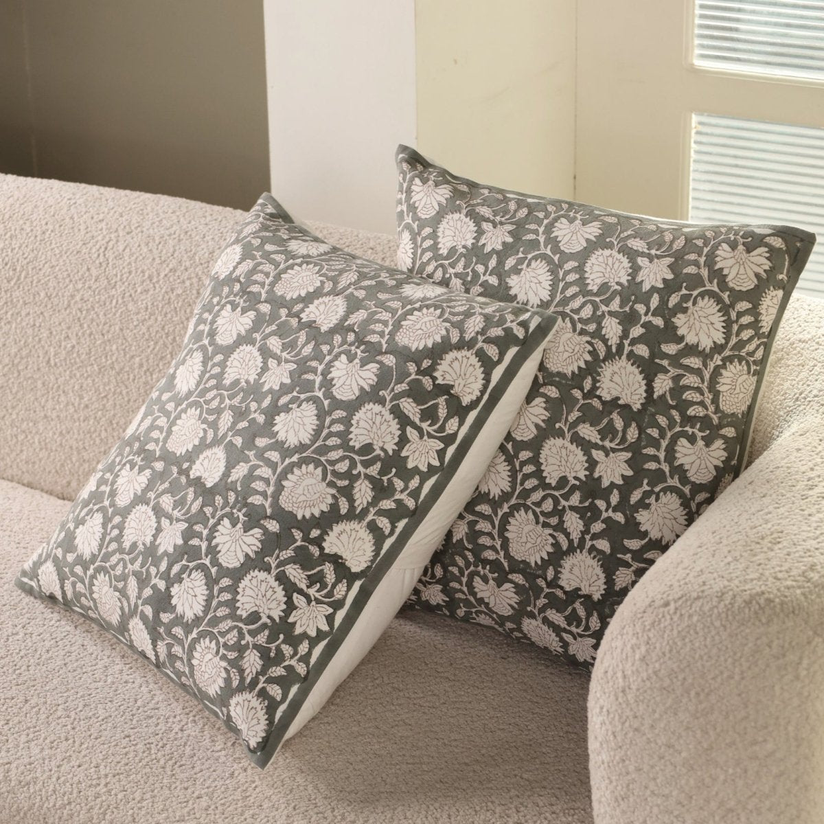 Charcoal and Off White Pure Cotton Cushion Cover | 18x18 in | Set of 1,2,3,4 and 5 | Block Printed