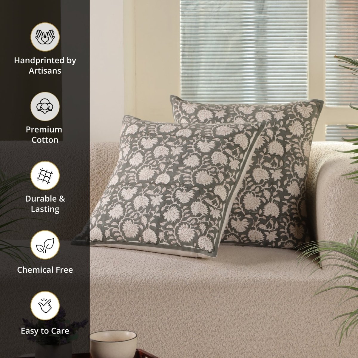 Charcoal and Off White Pure Cotton Cushion Cover | 18x18 in | Set of 1,2,3,4 and 5 | Block Printed