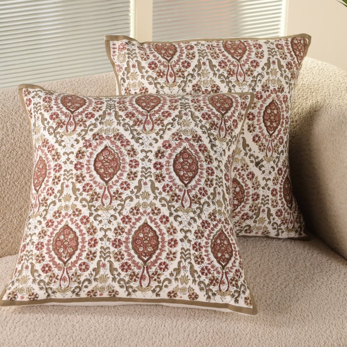 Ivory and Rust Pure Cotton Cushion Cover | 18x18 in | Set of 1,2,3,4 and 5 | Block Printed