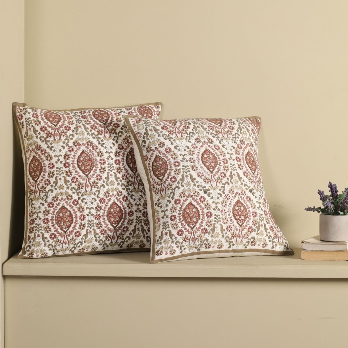 Ivory and Rust Pure Cotton Cushion Cover | 18x18 in | Set of 1,2,3,4 and 5 | Block Printed