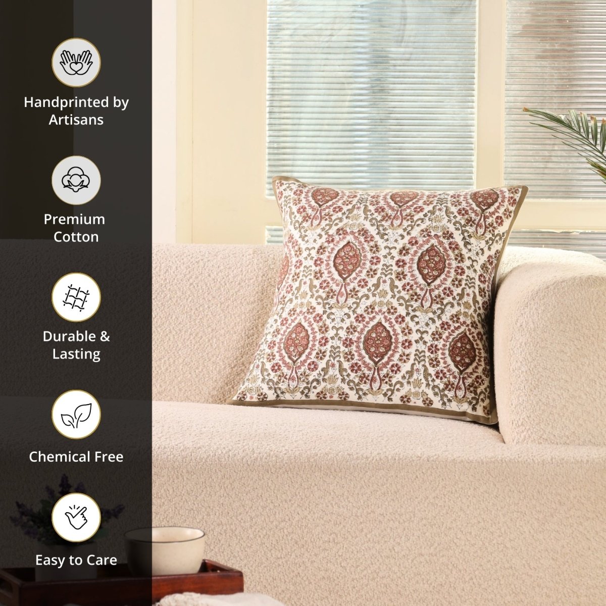 Ivory and Rust Pure Cotton Cushion Cover | 18x18 in | Set of 1,2,3,4 and 5 | Block Printed